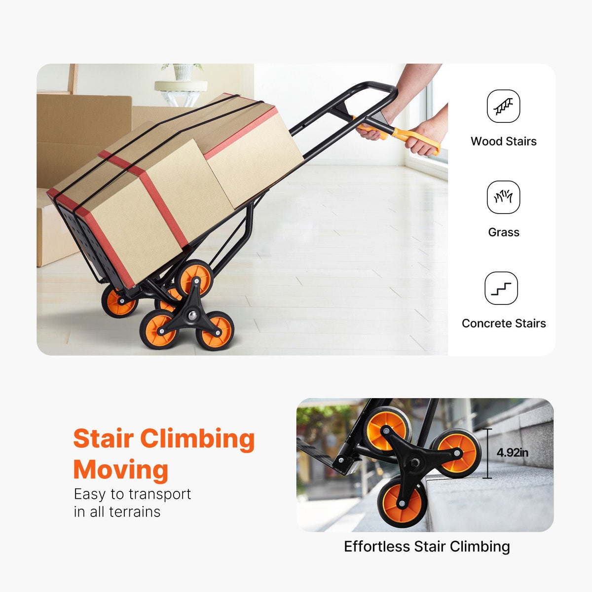 Stair Climbing Cart, 440 lbs Capacity Stair Climber Hand Truck and Dolly, Heavy-Duty Folding Trolley Cart with Dual Handle, 6 Wheels & 2 Elastic Ropes for Home Office Shopping Moving Warehouse