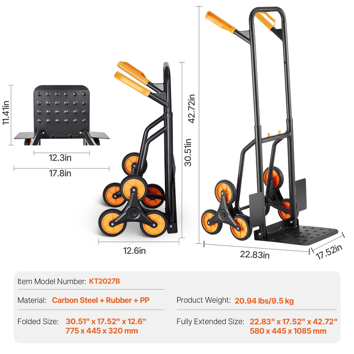 Stair Climbing Cart, 440 lbs Capacity Stair Climber Hand Truck and Dolly, Heavy-Duty Folding Trolley Cart with Dual Handle, 6 Wheels & 2 Elastic Ropes for Home Office Shopping Moving Warehouse