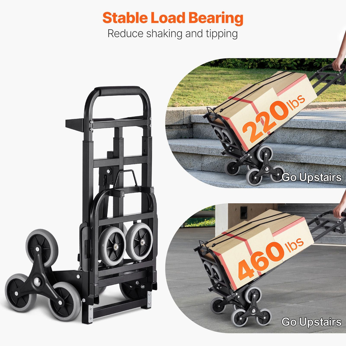 Stair Climbing Cart, 460 lbs Capacity Stair Climber Hand Truck and Dolly, Heavy-Duty Folding Trolley Cart with Dual Handle, 6 Wheels & 2 Elastic Ropes for Home Office Shopping Moving Warehouse