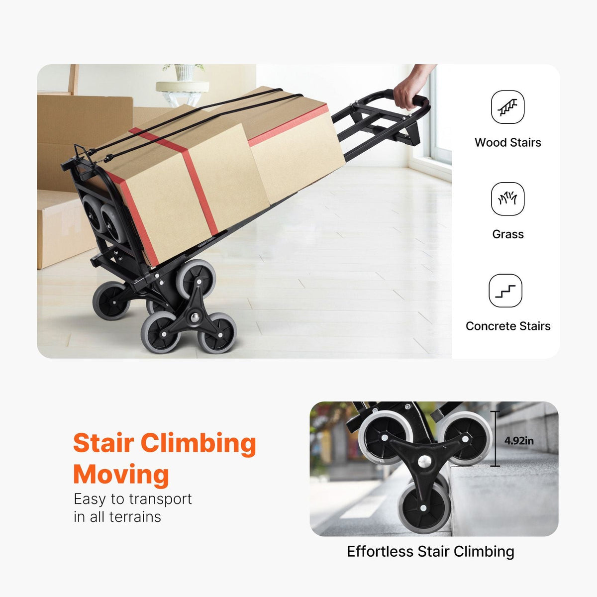 Stair Climbing Cart, 460 lbs Capacity Stair Climber Hand Truck and Dolly, Heavy-Duty Folding Trolley Cart with Dual Handle, 6 Wheels & 2 Elastic Ropes for Home Office Shopping Moving Warehouse