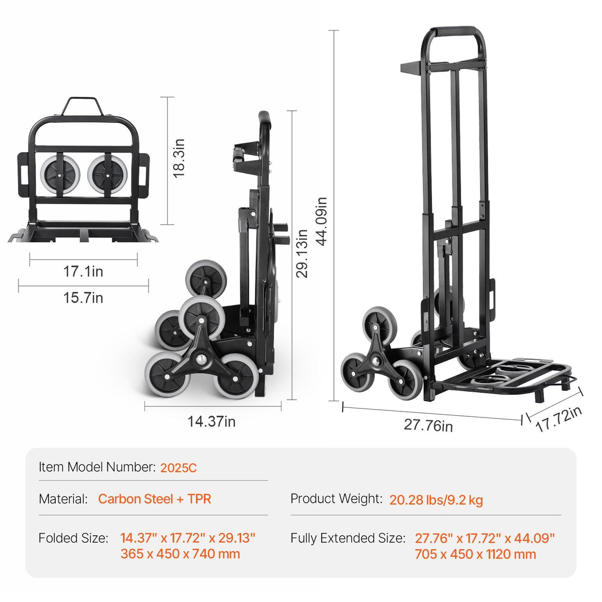 Stair Climbing Cart, 460 lbs Capacity Stair Climber Hand Truck and Dolly, Heavy-Duty Folding Trolley Cart with Dual Handle, 6 Wheels & 2 Elastic Ropes for Home Office Shopping Moving Warehouse