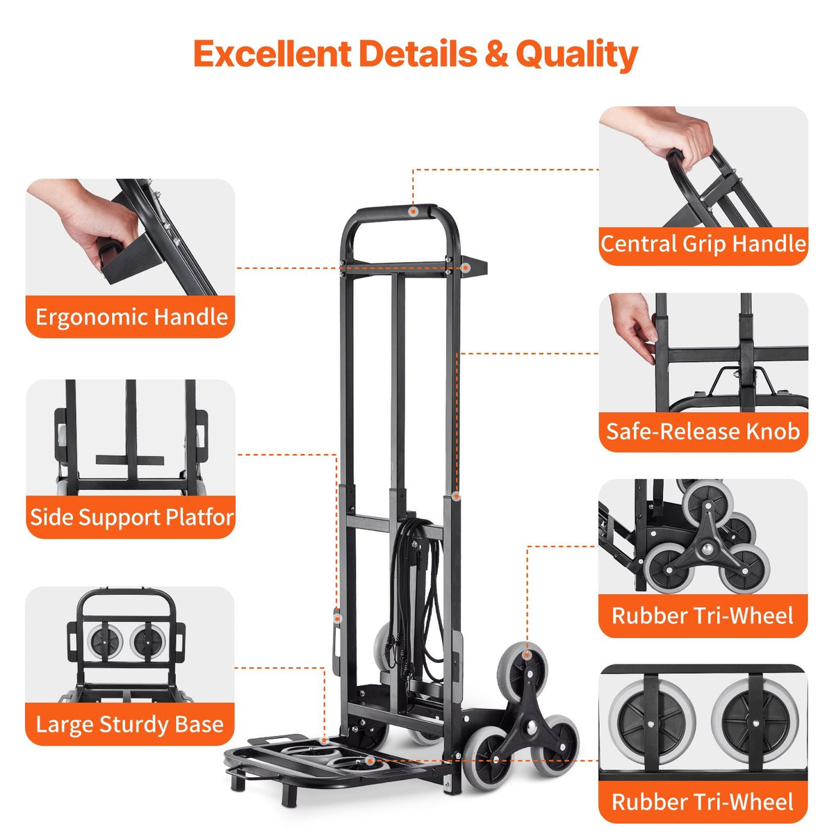 Stair Climbing Cart, 460 lbs Capacity Stair Climber Hand Truck and Dolly, Heavy-Duty Folding Trolley Cart with Dual Handle, 6 Wheels & 2 Elastic Ropes for Home Office Shopping Moving Warehouse