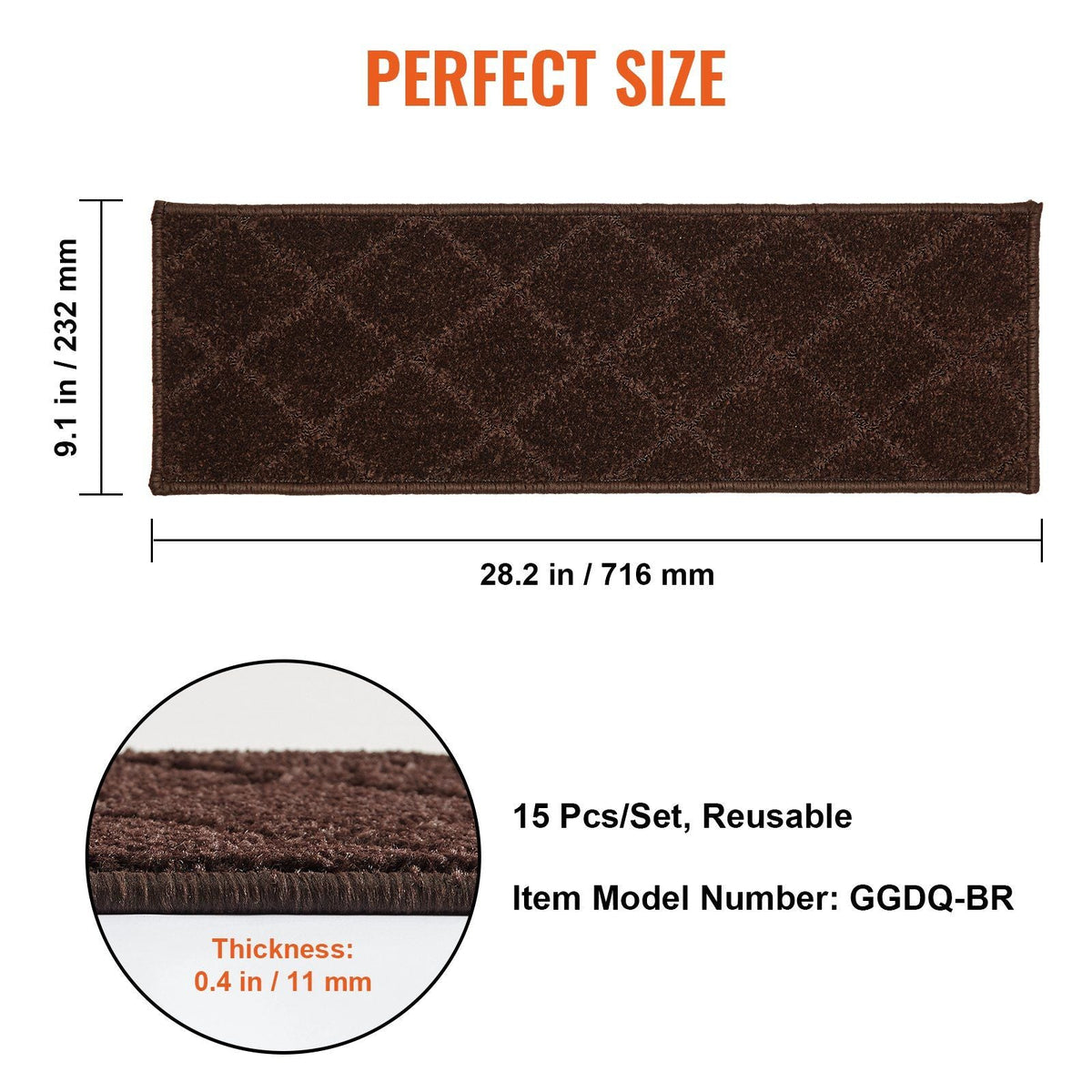 Stair Treads, Stairs Carpet Non Slip 9" x 28", Indoor Stair Runner for Wooden Steps, Anti Slip Carpet Soft Edging Stair Rugs Mats for Kids Elders and Dogs, 15 pcs, Brown