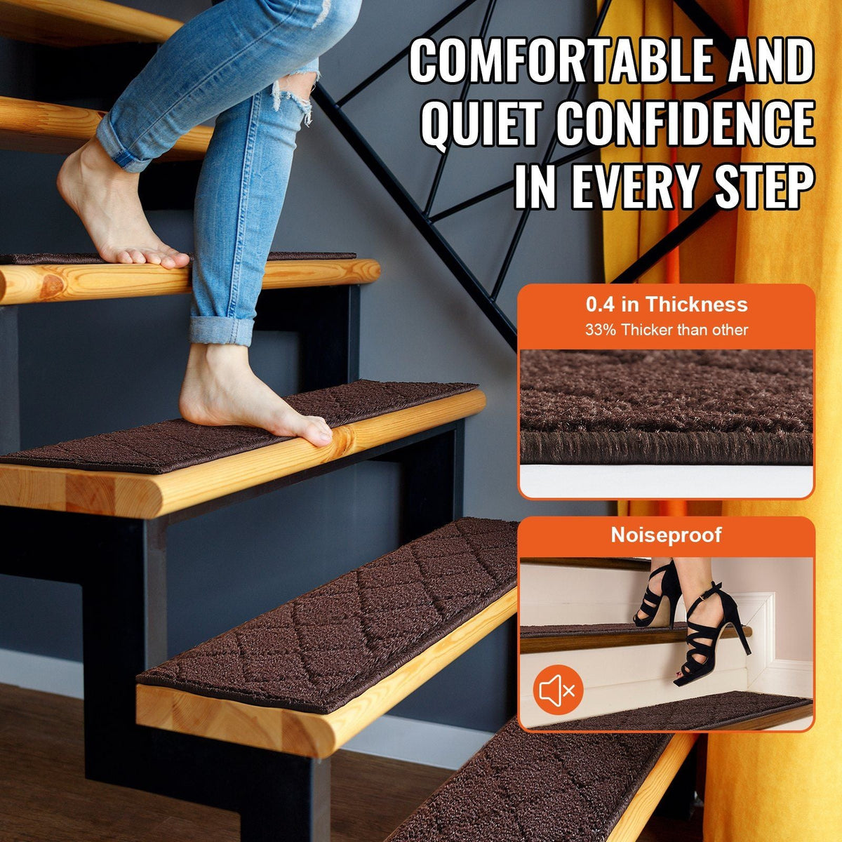 Stair Treads, Stairs Carpet Non Slip 9" x 28", Indoor Stair Runner for Wooden Steps, Anti Slip Carpet Soft Edging Stair Rugs Mats for Kids Elders and Dogs, 15 pcs, Brown