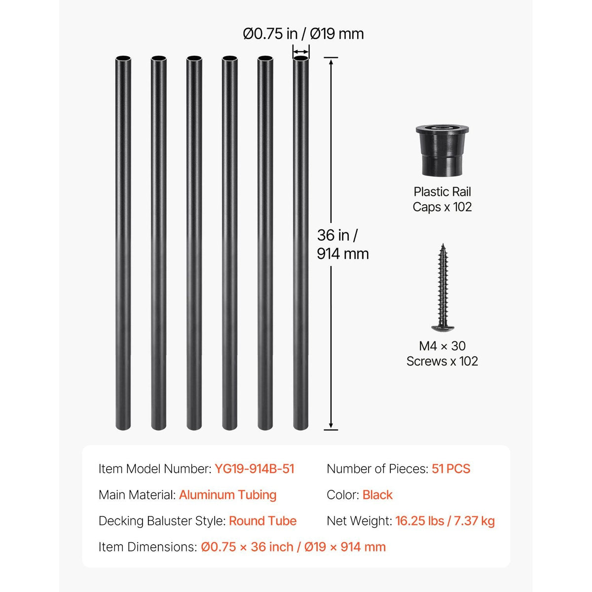 Staircase Balusters 51 Pack, 36 In Aluminum Stair Balusters, 3/4 In Water-Proof Round Metal Spindle Railing, Hollow Deck Railing with Rail Caps & Screws for Stairs, Porch, Patio, Fence, Black