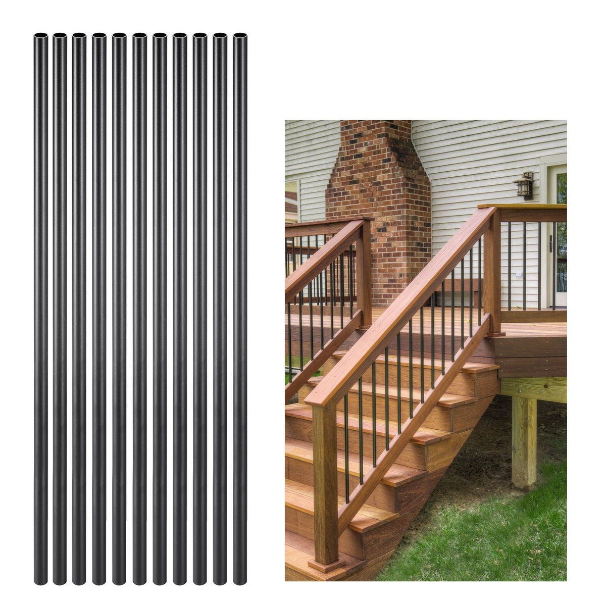 Staircase Balusters 51 Pack, 36 In Aluminum Stair Balusters, 3/4 In Water-Proof Round Metal Spindle Railing, Hollow Deck Railing with Rail Caps & Screws for Stairs, Porch, Patio, Fence, Black