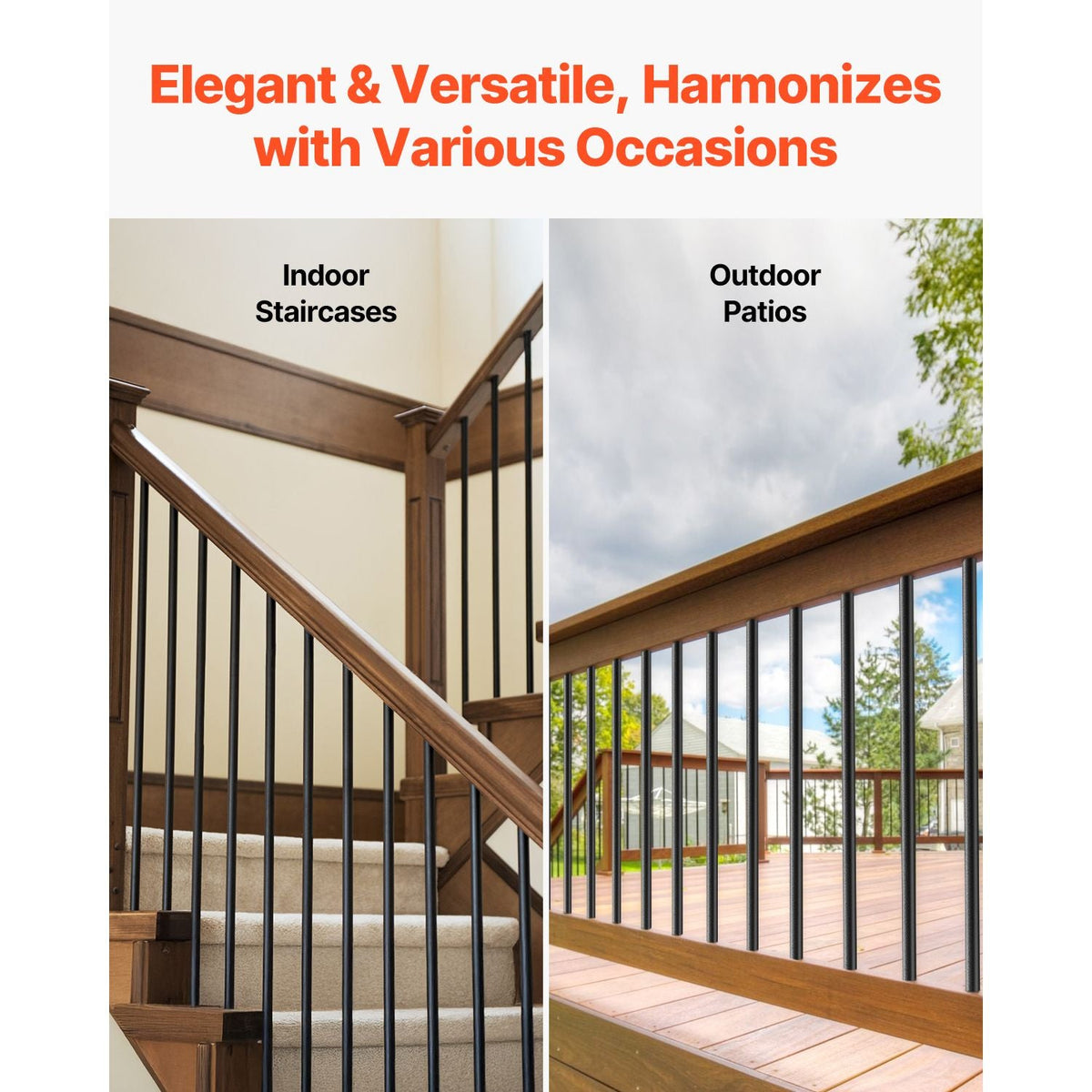 Staircase Balusters 51 Pack, 36 In Aluminum Stair Balusters, 3/4 In Water-Proof Round Metal Spindle Railing, Hollow Deck Railing with Rail Caps & Screws for Stairs, Porch, Patio, Fence, Black