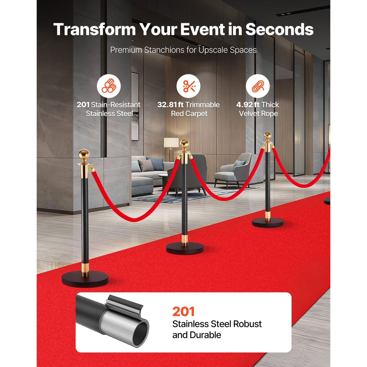 Stanchion Post, 6 Pcs Crowd Control Barrier Set with Red Carpet, 4 Red Velvet Ropes, Stainless Steel Gold Stanchion Post Queue with Hollow Base for Theater, Party, Wedding, Exhibition (Black)