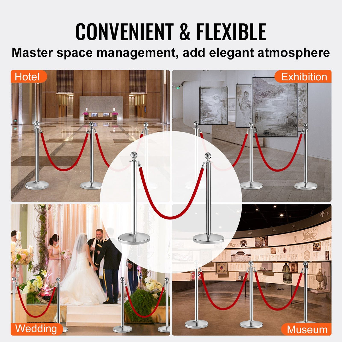 Stanchion Post with Velvet Rope, 4-Pack Crowd Control Stanchion with 2PCS 5FT Red Velvet Ropes, Stainless Steel Queue Barrier Line Divider with Fillable Plastic Base, Ball Top for Wedding Museum