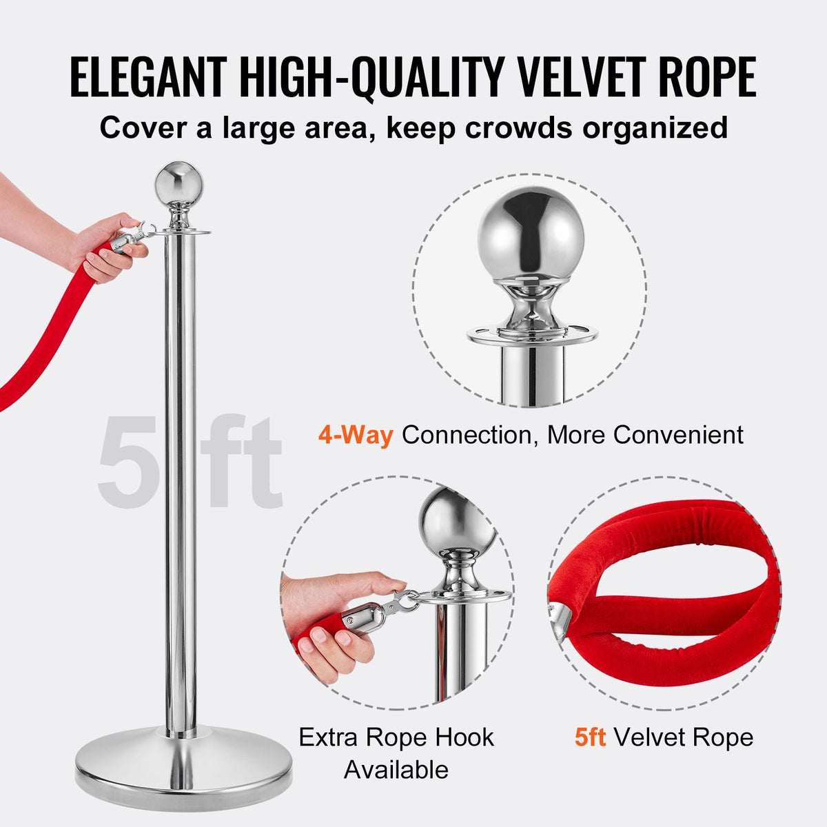 Stanchion Post with Velvet Rope, 4-Pack Crowd Control Stanchion with 2PCS 5FT Red Velvet Ropes, Stainless Steel Queue Barrier Line Divider with Fillable Plastic Base, Ball Top for Wedding Museum