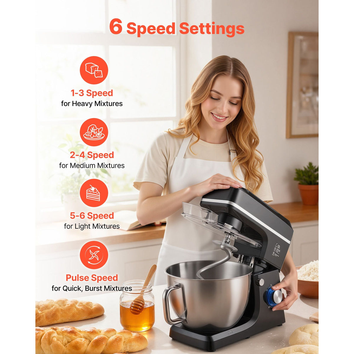 Stand Mixer, 8.3QT Dough Mixer, 660W 6+P Speeds Tilt-head Food Mixer with Stainless Steel Bowl, Dough Hook, Wire Whip, Flat Beater, Scraper, Household Stand Mixer for Baking & Mixing, Black