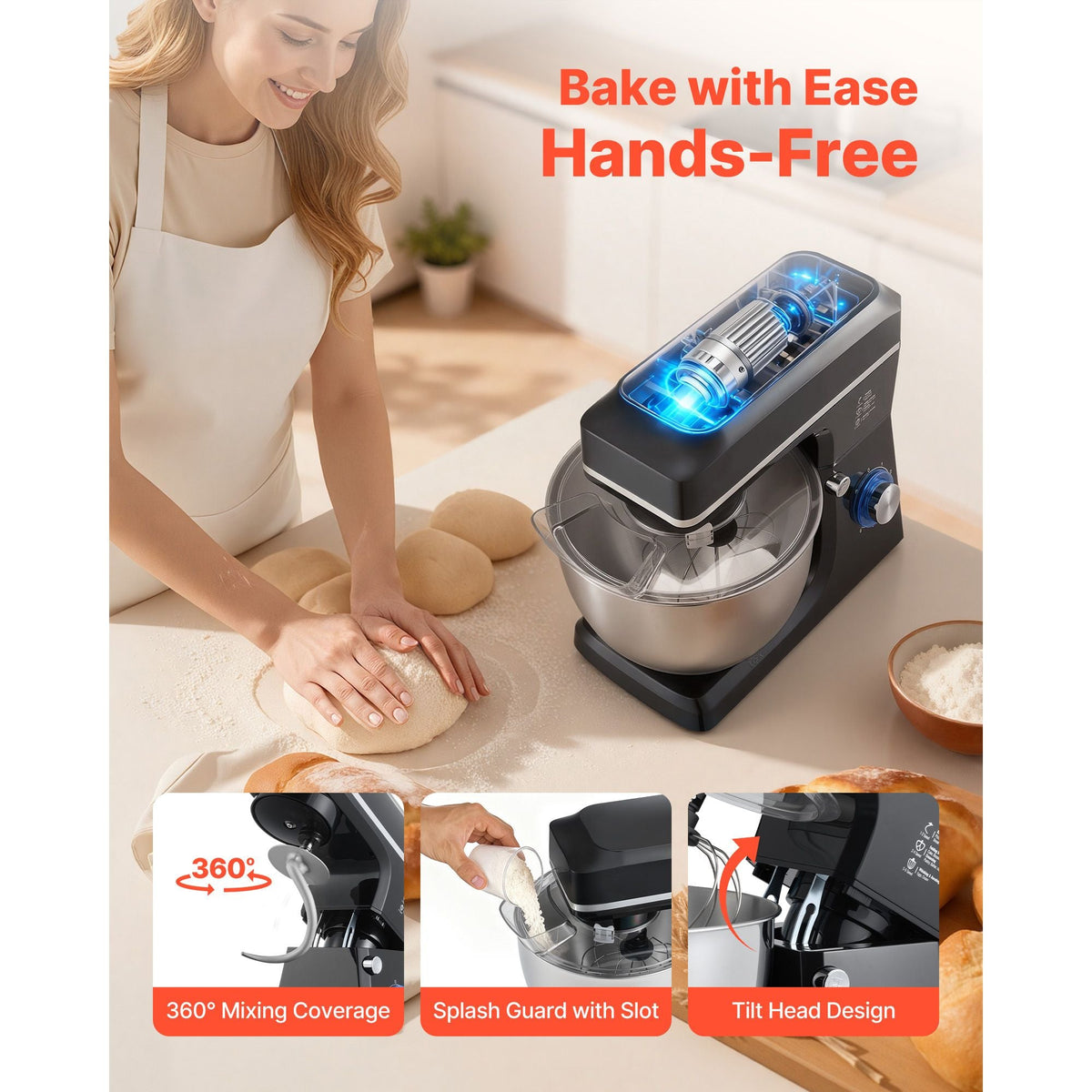 Stand Mixer, 8.3QT Dough Mixer, 660W 6+P Speeds Tilt-head Food Mixer with Stainless Steel Bowl, Dough Hook, Wire Whip, Flat Beater, Scraper, Household Stand Mixer for Baking & Mixing, Black