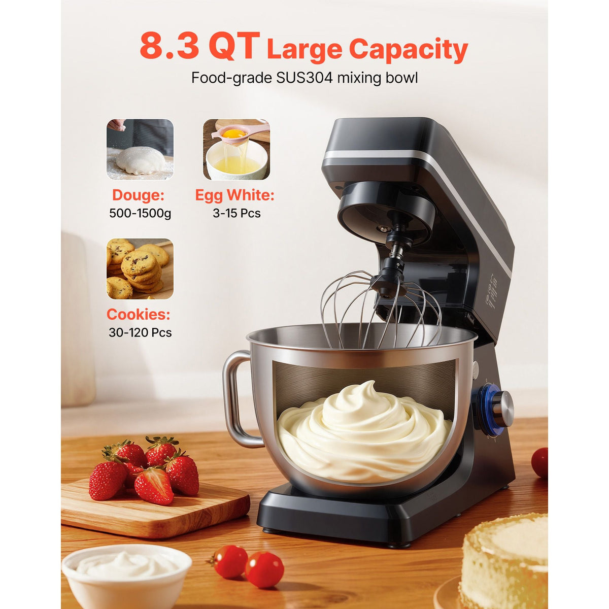 Stand Mixer, 8.3QT Dough Mixer, 660W 6+P Speeds Tilt-head Food Mixer with Stainless Steel Bowl, Dough Hook, Wire Whip, Flat Beater, Scraper, Household Stand Mixer for Baking & Mixing, Black