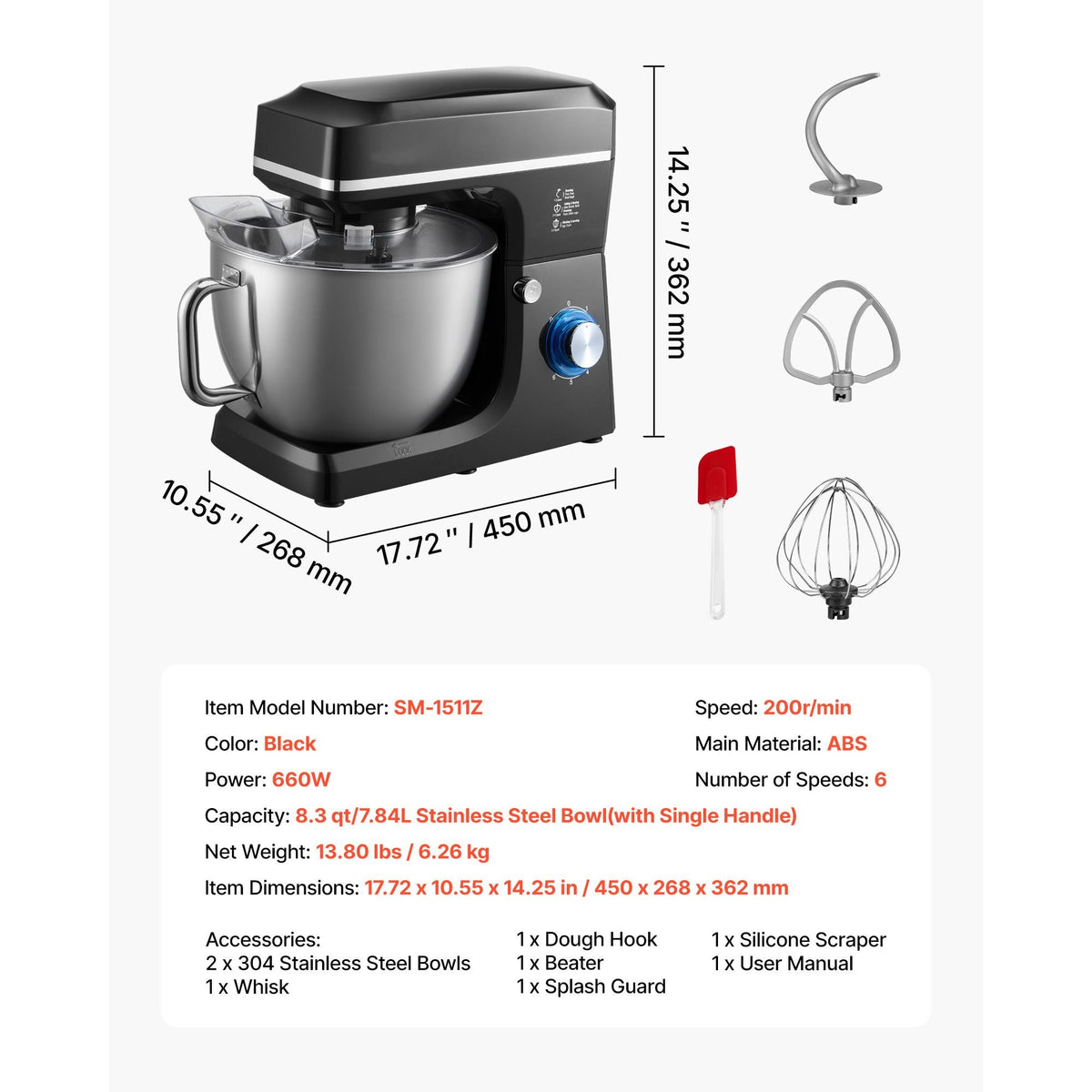 Stand Mixer, 8.3QT Dough Mixer, 660W 6+P Speeds Tilt-head Food Mixer with Stainless Steel Bowl, Dough Hook, Wire Whip, Flat Beater, Scraper, Household Stand Mixer for Baking & Mixing, Black