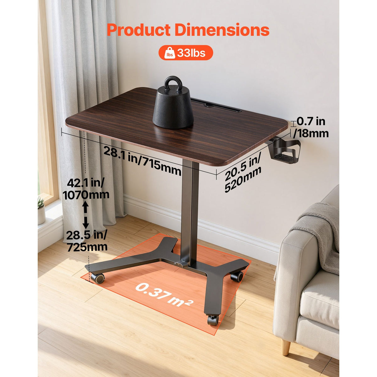 Standing Desk, Adjustable Height Mobile Stand Up Desk w/ Casters, 28.2 x 20.5 in Small Computer Sit Stand Rolling Workstation w/ Hook, 33 lbs Capacity, Foot Pedal Pneumatic Lift for Home Office