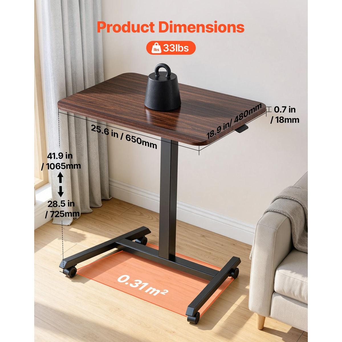 Standing Desk, Adjustable Height Mobile Stand Up Desk with 4 Casters, 25.6 x 19 in Small Computer Sit Stand Rolling Workstation with Hook, 33 lbs Desktop Capacity, Ideal for Home Office, Brown