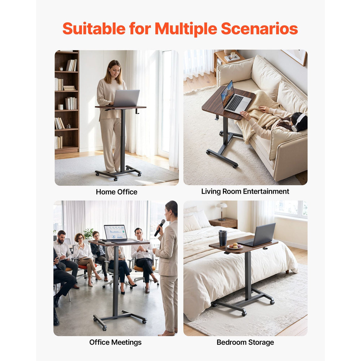 Standing Desk, Adjustable Height Mobile Stand Up Desk with 4 Casters, 25.6 x 19 in Small Computer Sit Stand Rolling Workstation with Hook, 33 lbs Desktop Capacity, Ideal for Home Office, Brown