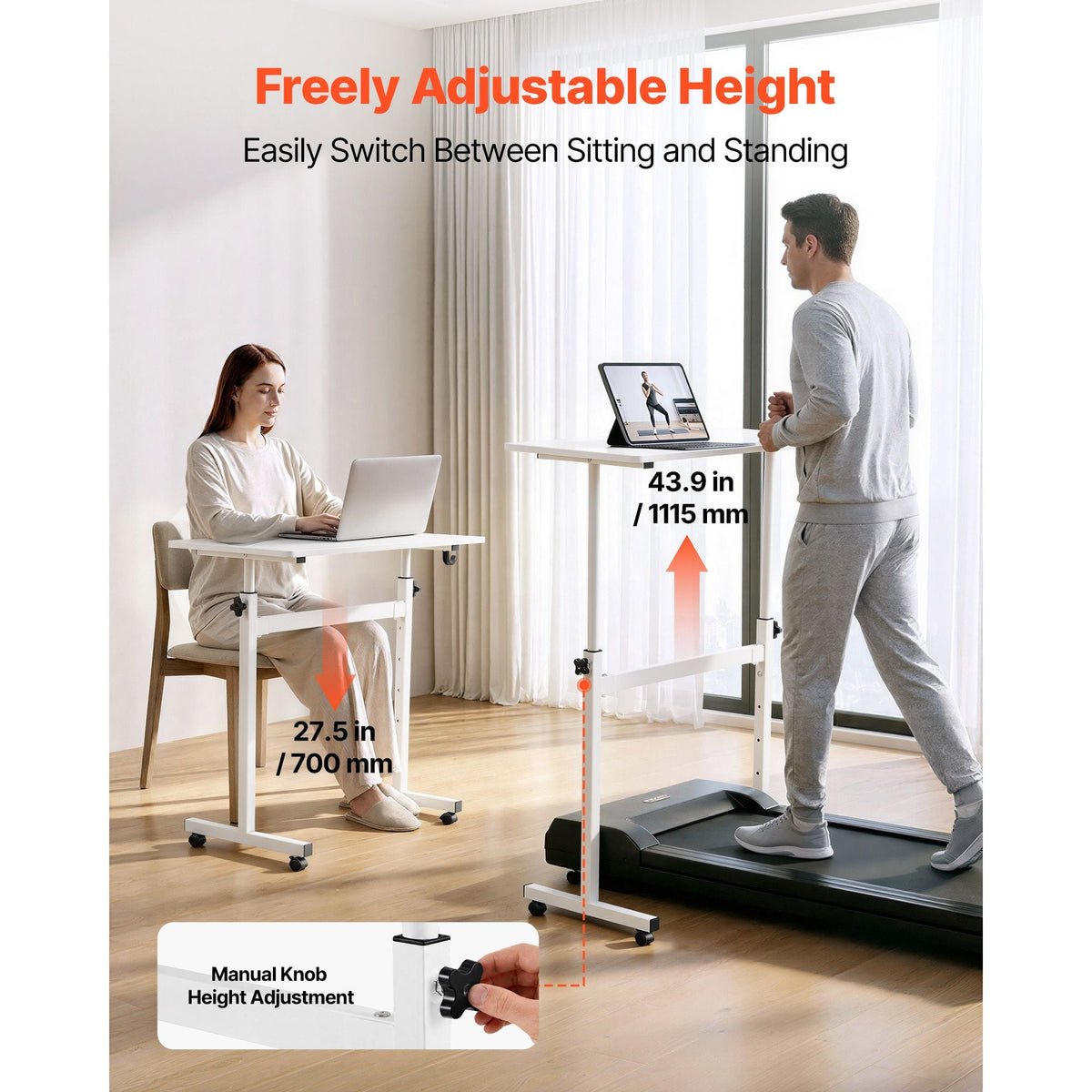 Standing Desk, Adjustable Height Mobile Stand Up Desk with Lockable Casters, 32 x 16 in Small Computer Sit Stand Rolling Workstation with Hook, 55.1 lbs Desktop Capacity, for Home Office, White