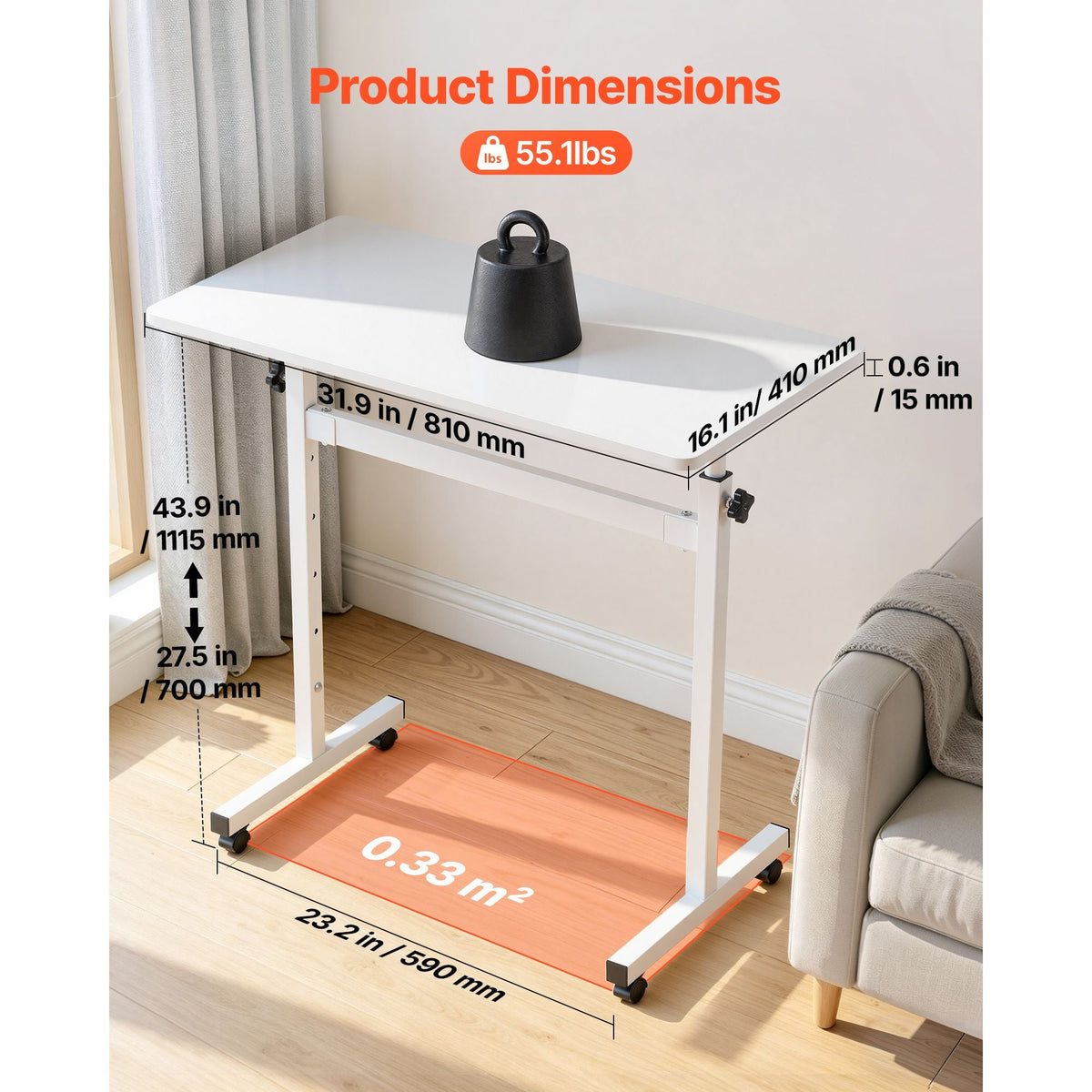 Standing Desk, Adjustable Height Mobile Stand Up Desk with Lockable Casters, 32 x 16 in Small Computer Sit Stand Rolling Workstation with Hook, 55.1 lbs Desktop Capacity, for Home Office, White