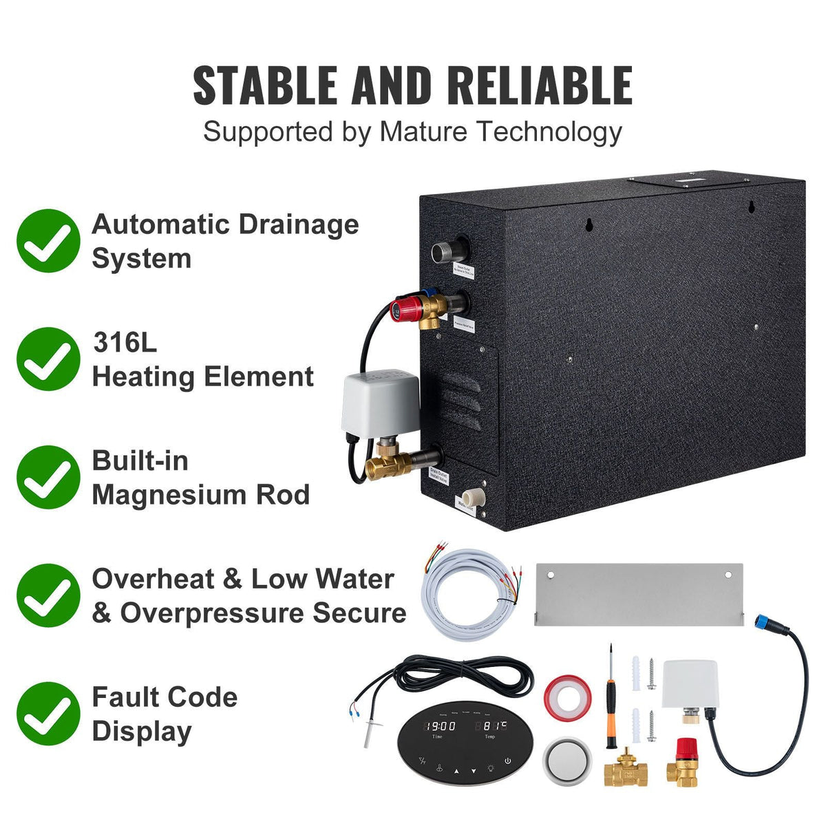 Steam Shower Generator, 15 kW, Segmented Heating & Temperature Customization & 24h Timer Steam Bath Kit, Automatic Drainage Luxury Home Steam Shower System, Acrylic Room Tested to UL Standards
