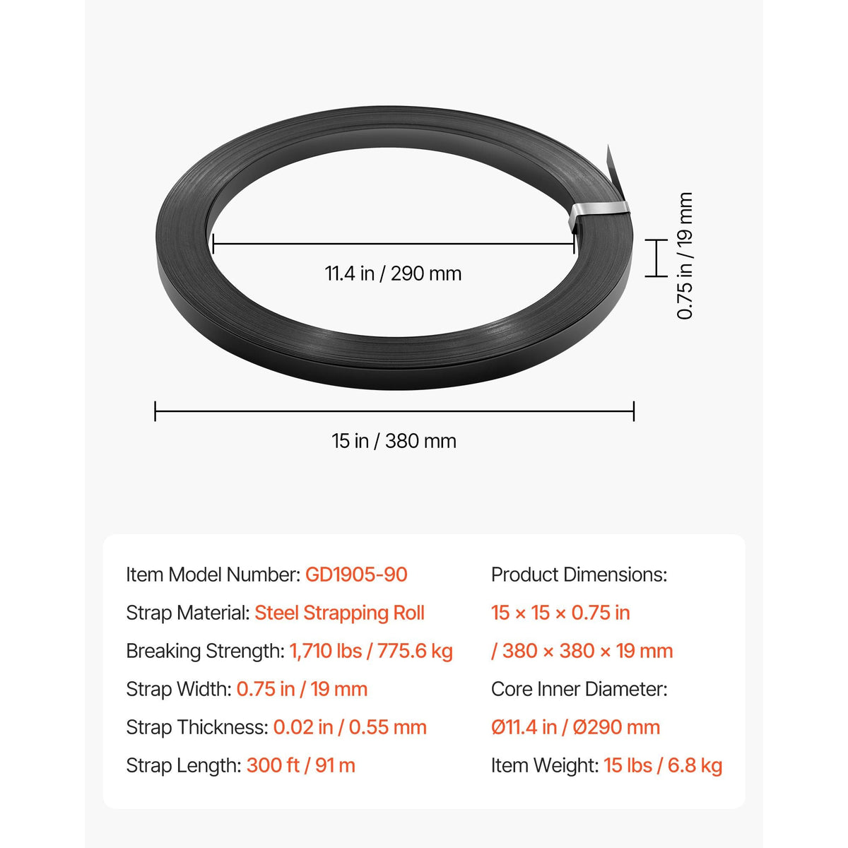 Steel Strapping Coil, 3/4 in x 0.02 in x 300 ft, Metal Strapping Banding Roll Withstands Harsh Environment, 1710 lbs Break Strength, Heavy Duty Banding Pallet Strap Coil for Pallet Packing