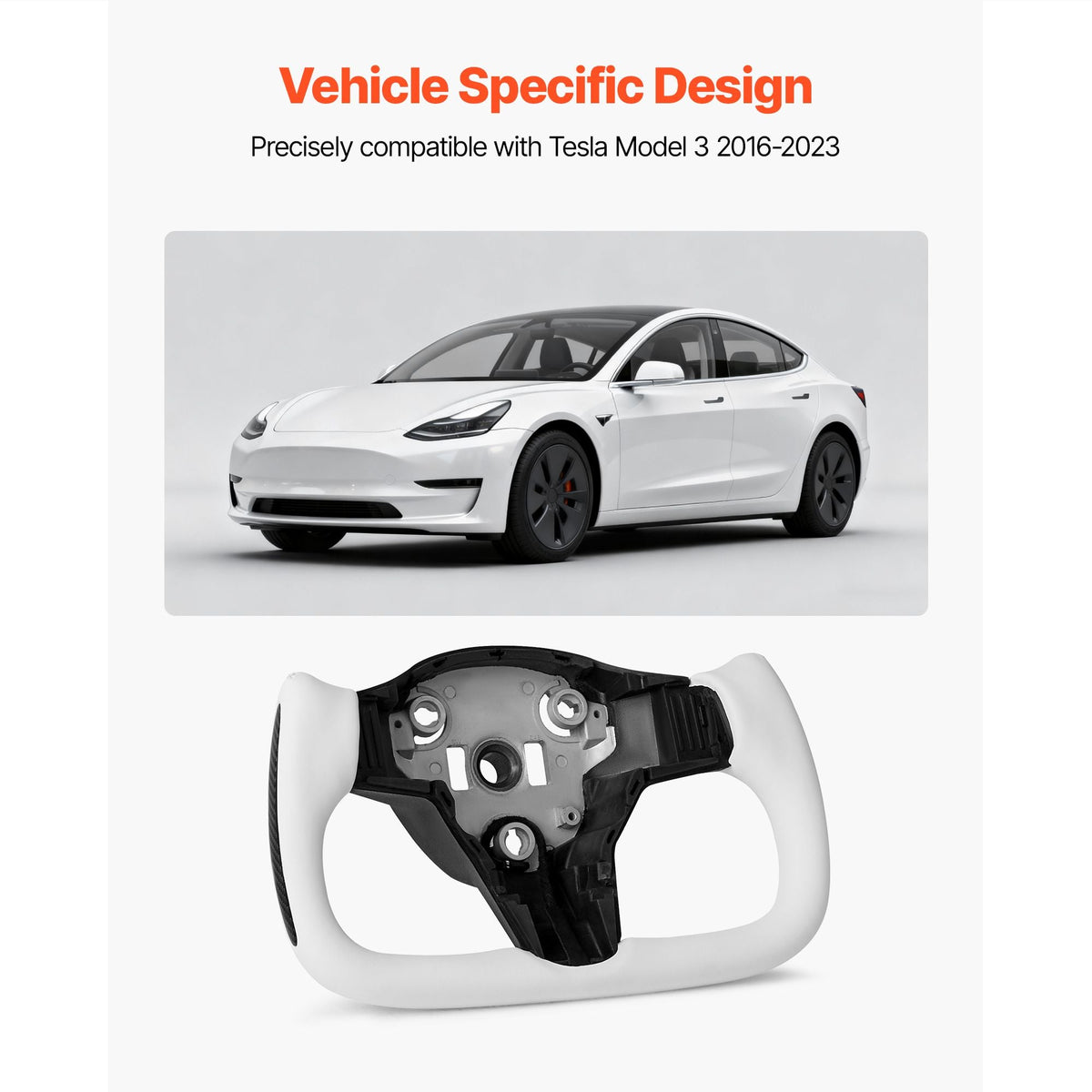 Steering Wheel for 2016-2023 Tesla Model 3, Carbon Fiber Steering Wheel D-Shaped Flat-Bottom with Heating Function, Leather Grip with Non-Slip Texture, Accessories Replacement for Model 3, White