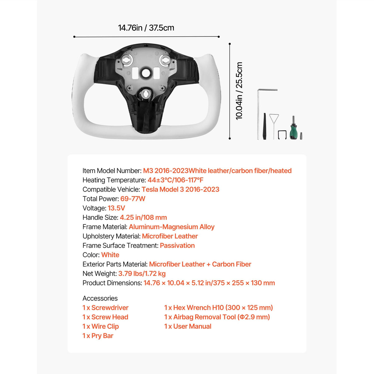 Steering Wheel for 2016-2023 Tesla Model 3, Carbon Fiber Steering Wheel D-Shaped Flat-Bottom with Heating Function, Leather Grip with Non-Slip Texture, Accessories Replacement for Model 3, White