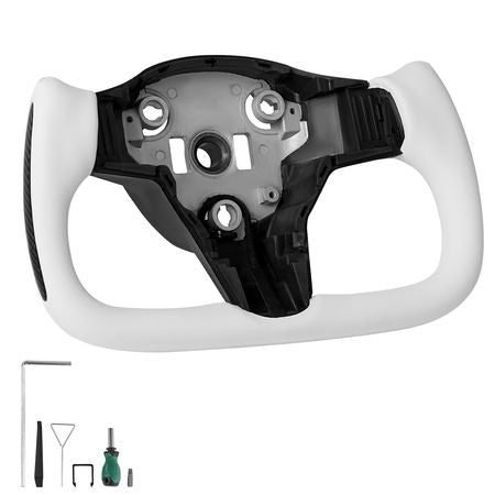 Steering Wheel for 2016-2023 Tesla Model 3, Carbon Fiber Steering Wheel D-Shaped Flat-Bottom with Heating Function, Leather Grip with Non-Slip Texture, Accessories Replacement for Model 3, White