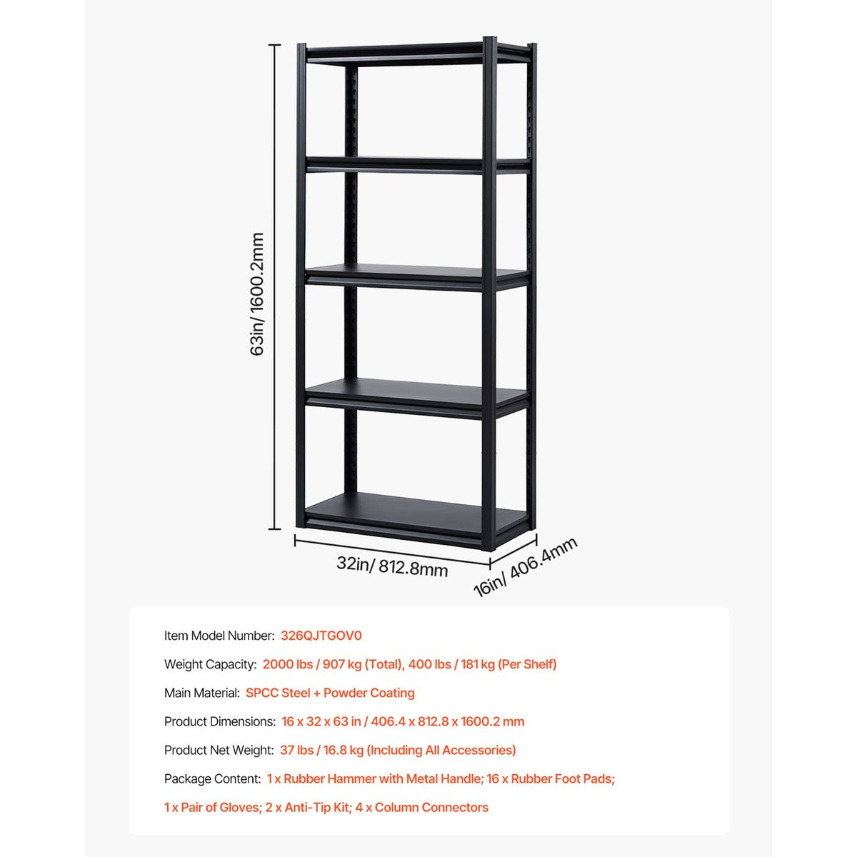 Storage Shelves, 2000 lbs, 5 Tier Garage Storage Shelving, 16" D x 32" W x 63" H Adjustable Metal Shelves for Garage Shelves Utility Rack Shelf, Ideal for Kitchen, Warehouse, Basement, Black