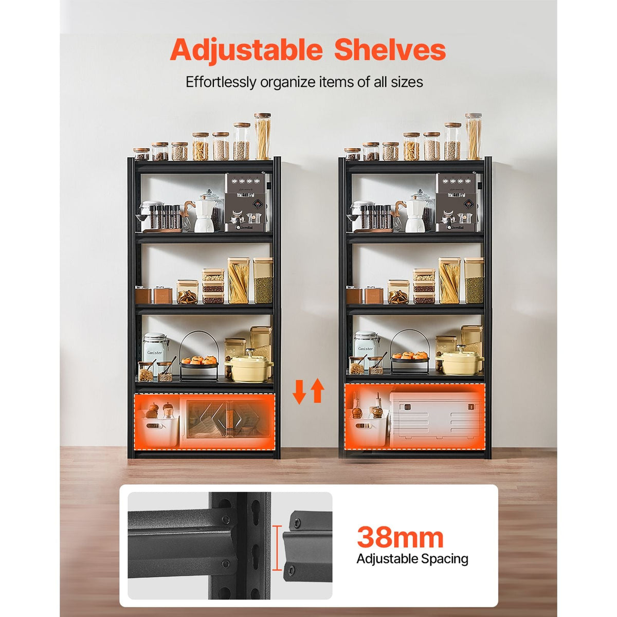 Storage Shelves, 2000 lbs, 5 Tier Garage Storage Shelving, 16" D x 32" W x 63" H Adjustable Metal Shelves for Garage Shelves Utility Rack Shelf, Ideal for Kitchen, Warehouse, Basement, Black