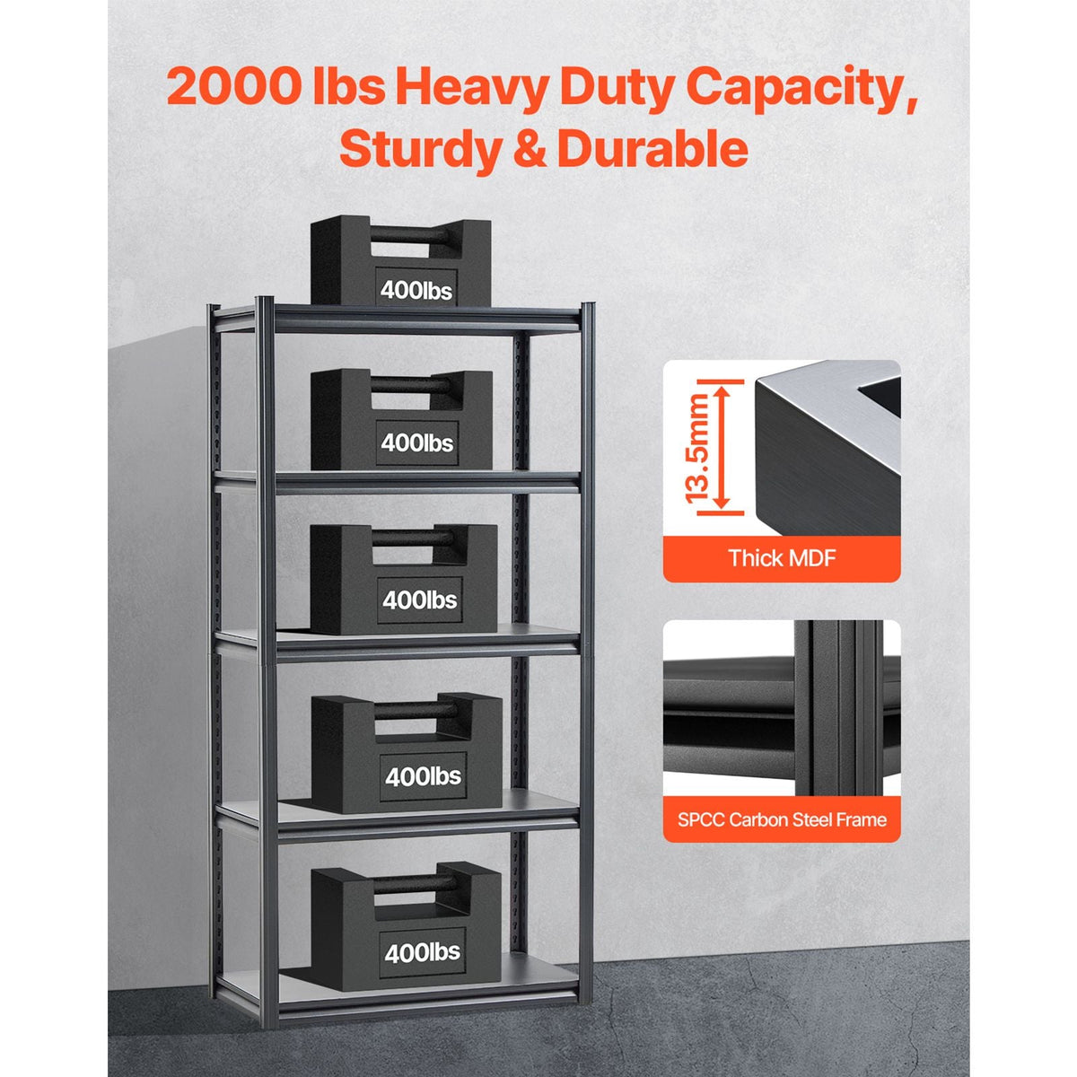 Storage Shelves, 2000 lbs, 5 Tier Garage Storage Shelving, 18" D x 36" W x 72" H Adjustable Metal Shelves for Garage Shelves Utility Rack Shelf, Ideal for Kitchen, Warehouse, Basement, Black