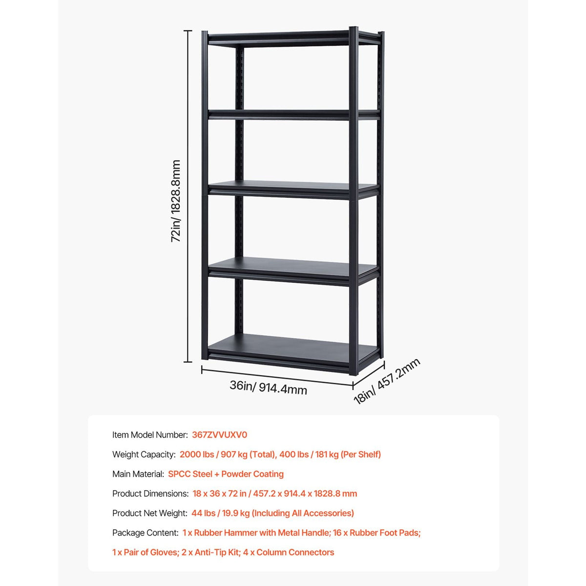 Storage Shelves, 2000 lbs, 5 Tier Garage Storage Shelving, 18" D x 36" W x 72" H Adjustable Metal Shelves for Garage Shelves Utility Rack Shelf, Ideal for Kitchen, Warehouse, Basement, Black