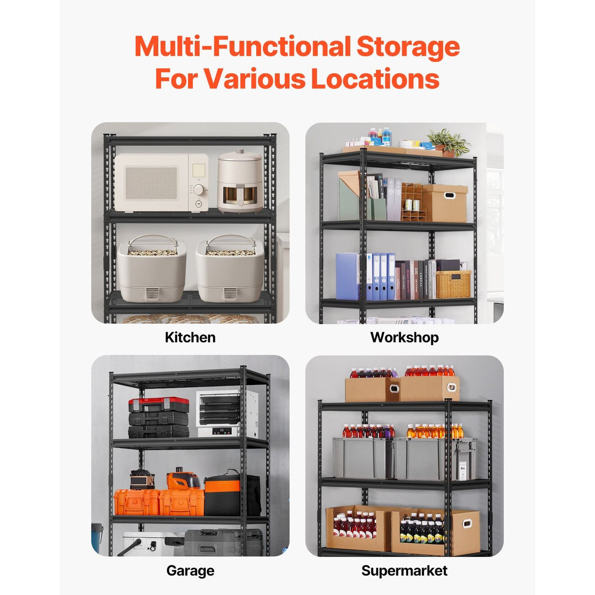 Storage Shelves, 2400 lbs, 4 Tier Heavy Duty Garage Shelving, 20" D x 40" W x 60" H Adjustable Metal Shelves for Industrial Shelving Unit Utility Shelf, for Kitchen, Warehouse, Basement, Black