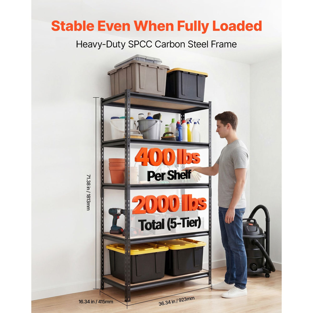 Storage Shelves, 5-Tier Adjustable, 2000 lbs Capacity, Heavy Duty Garage Storage Shelving Unit, Metal Utility Rack Shelf, for Garage Warehouse Basement Kitchen, 36.34" W x 16.34" D x 71.38" H