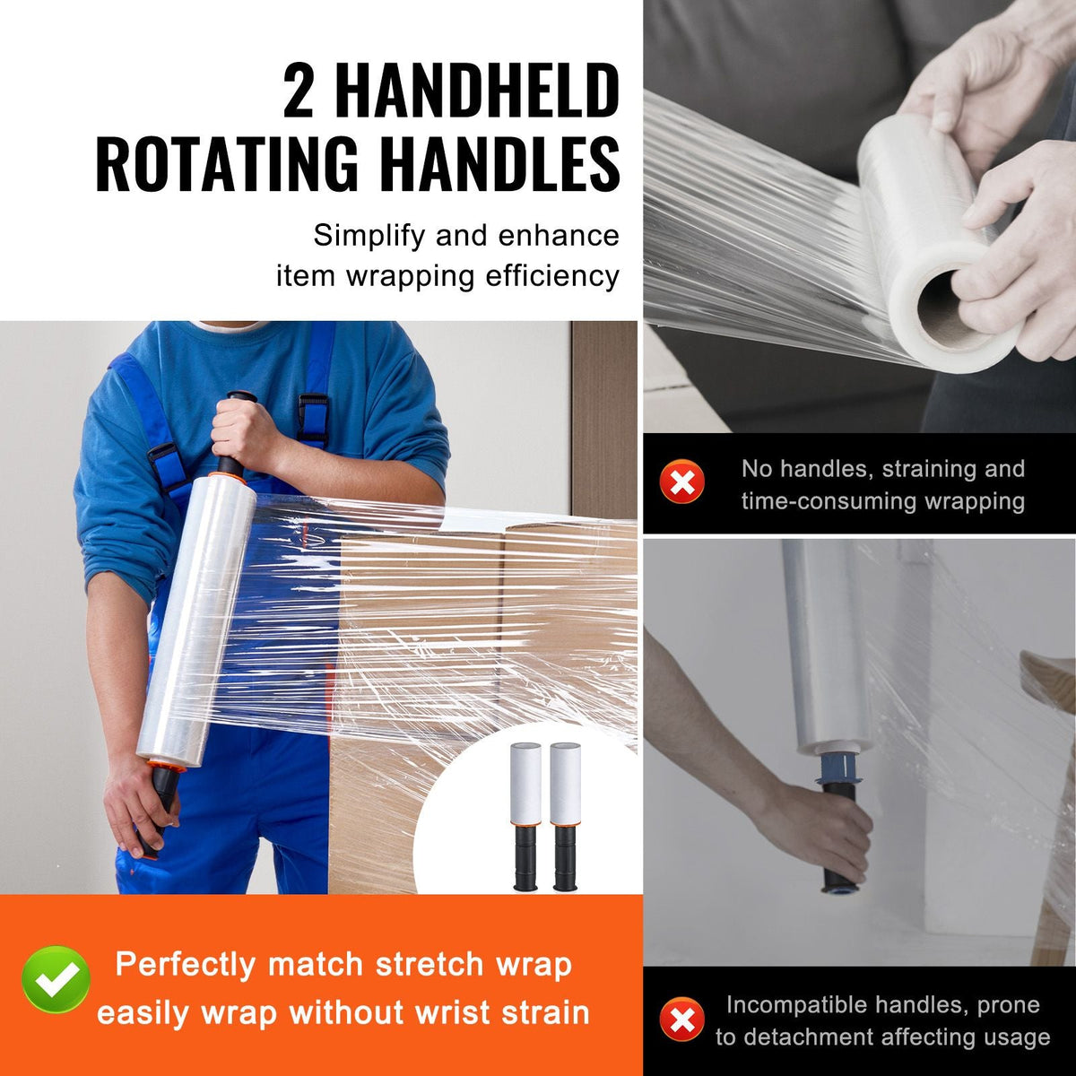 Stretch Film, 15 inches x 1000 feet, 2 Pack, 60 Gauge Industrial Strength Clear Durable Stretch Wrap Roll, Heavy Duty Shrink Film Stretch Wrap with Handles for Pallet Wrapping Shipping Moving