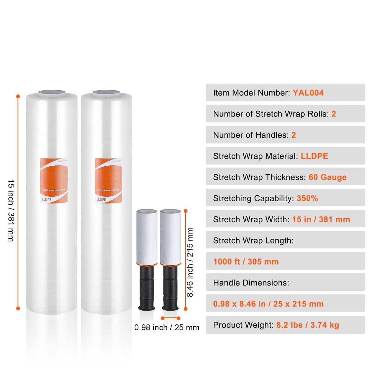 Stretch Film, 15 inches x 1000 feet, 2 Pack, 60 Gauge Industrial Strength Clear Durable Stretch Wrap Roll, Heavy Duty Shrink Film Stretch Wrap with Handles for Pallet Wrapping Shipping Moving
