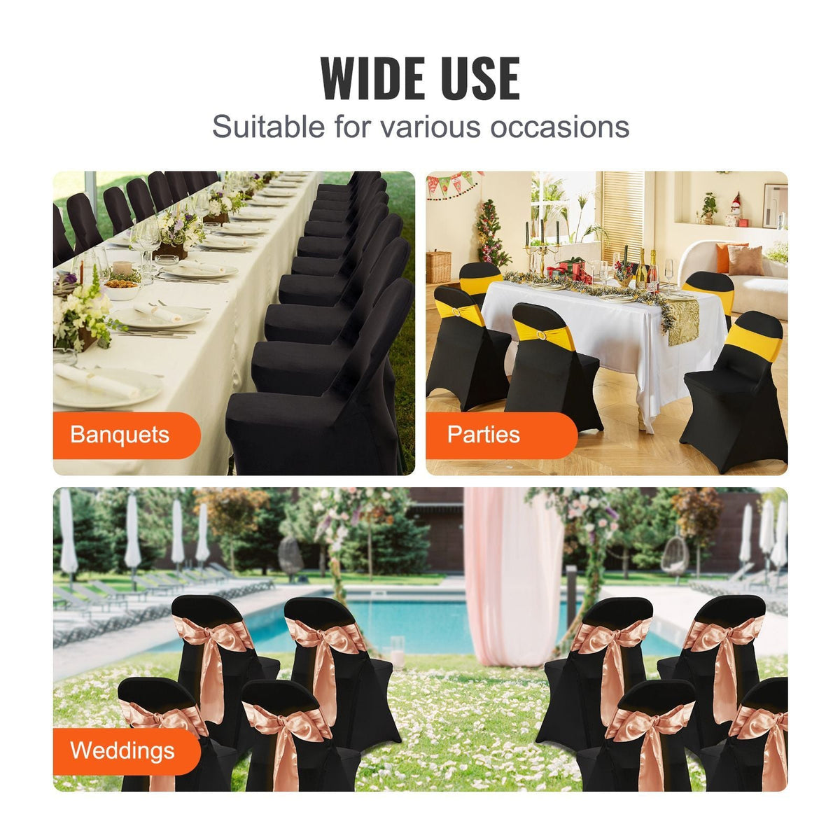 Stretch Spandex Folding Chair Covers, Universal Fitted Chair Cover, Removable Washable Protective Slipcovers, for Wedding, Holiday, Banquet, Party, Celebration, Dining (100PCS Black)