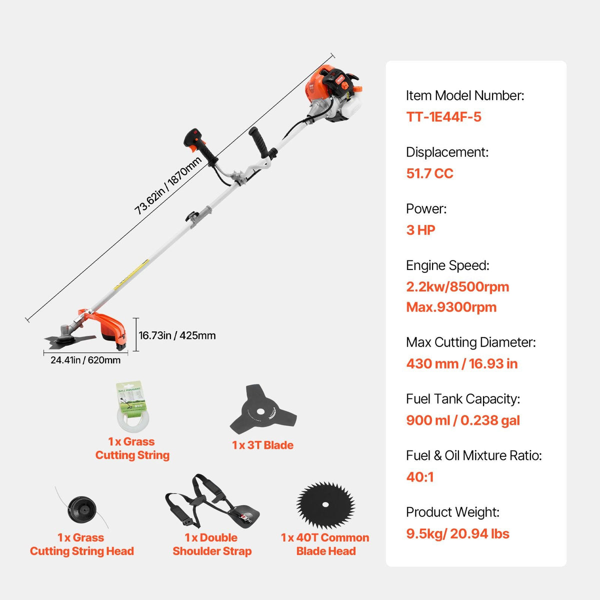 String Trimmer, 51.7CC 2-Stroke, Gas Powered Weed Wacker, 16.9" Cordless Grass Trimmer, Multi-Functional Lawn Edger with Shoulder Strap & 3T Blade, Weed Eater for Quick Grass Cleaning