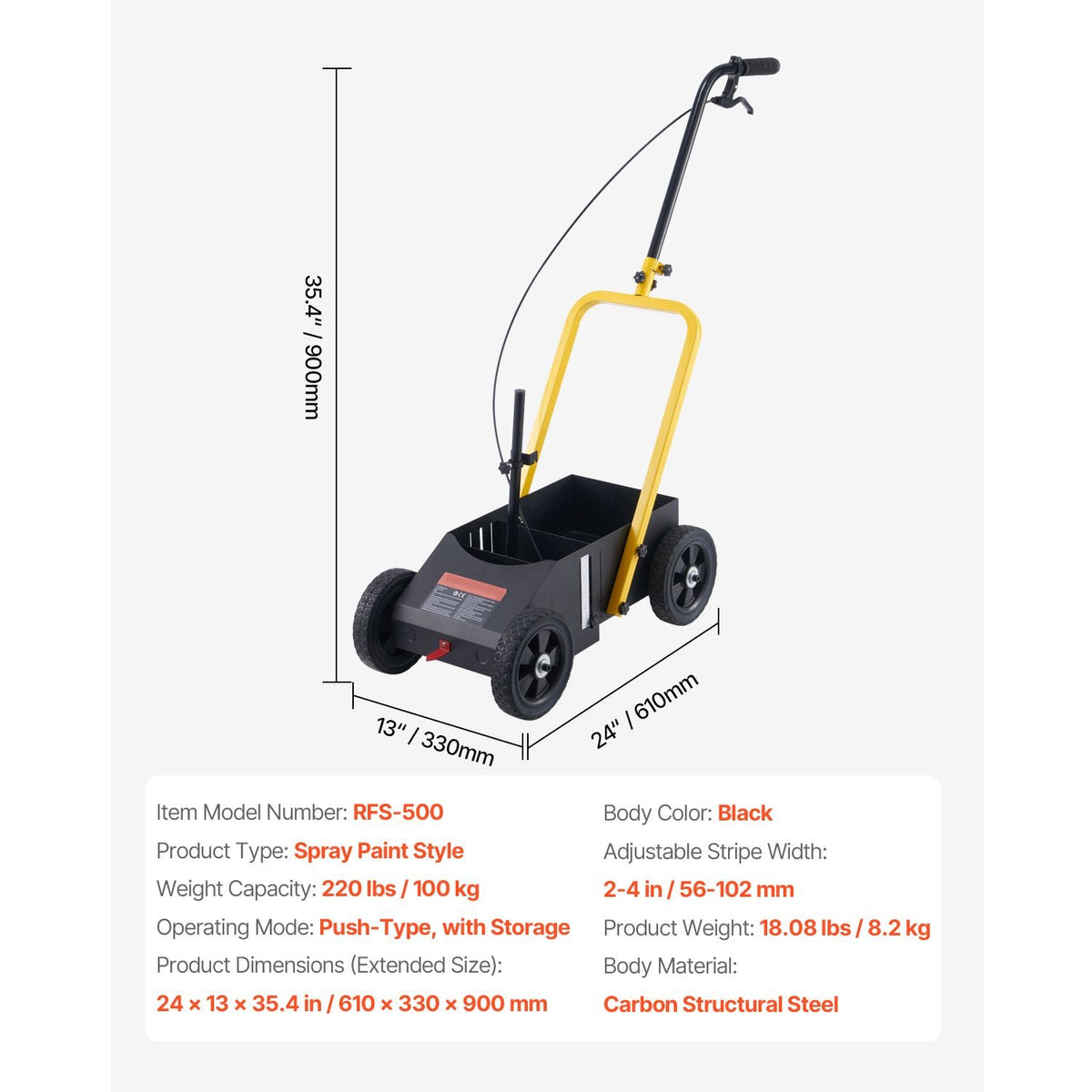 Striping Line Marking Machine, 24 x 13 x 35.4 in, 4-Wheel, Heavy Duty Striping Line Marking Machine, Striping Line Machine with Adjustable Width, for Roads, Parking Lots, Sports Field, Black