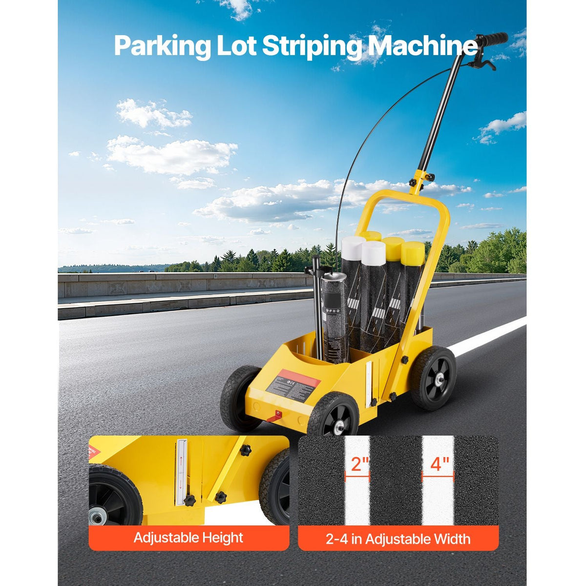 Striping Line Marking Machine, 24 x 13 x 35.4 in, 4-Wheel, Heavy Duty Striping Line Marking Machine, Striping Line Machine with Adjustable Width, for Roads, Parking Lots, Sports Field, Yellow