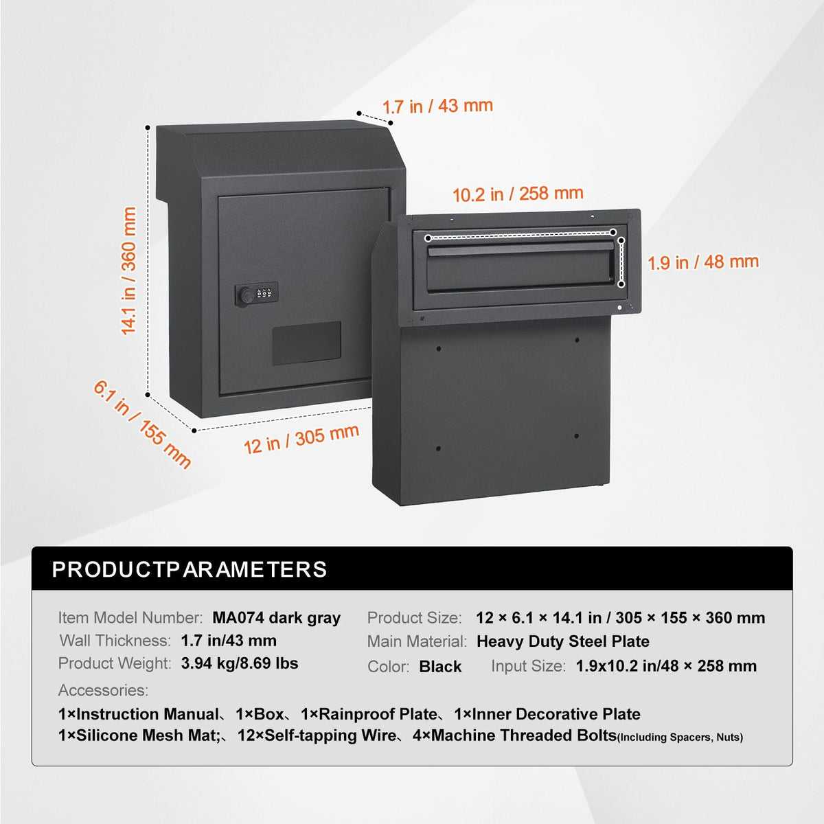 Sturdy Metal Key Locker, Combo Lock, Mountable on Wall, 12'', Charcoal Gray, Ensures Safe Keeping of Mail and Keys
