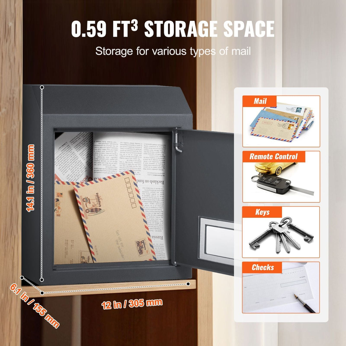 Sturdy Metal Key Locker, Combo Lock, Mountable on Wall, 12'', Charcoal Gray, Ensures Safe Keeping of Mail and Keys