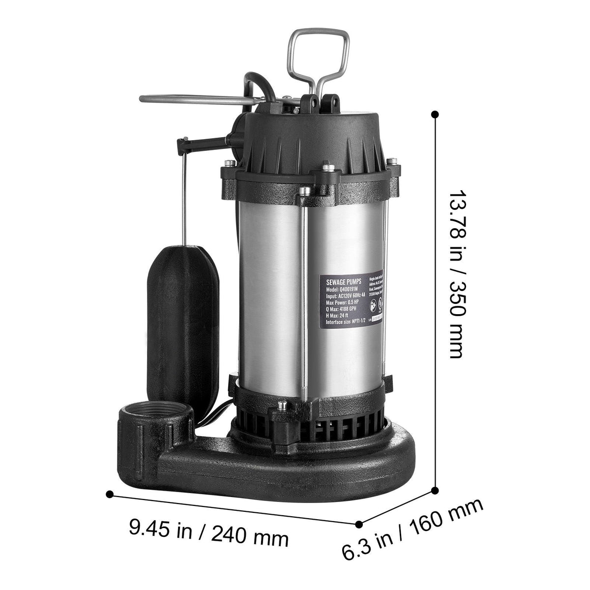 Submersible Sewage Pump, 0.5HP 4188GPH, Cast Iron Sewage Water Pump with 24 ft Lift 10 ft Power Cord and Automatic Float Switch, Stainless Steel for Clean Flooded Basement Yard Farm Sewer