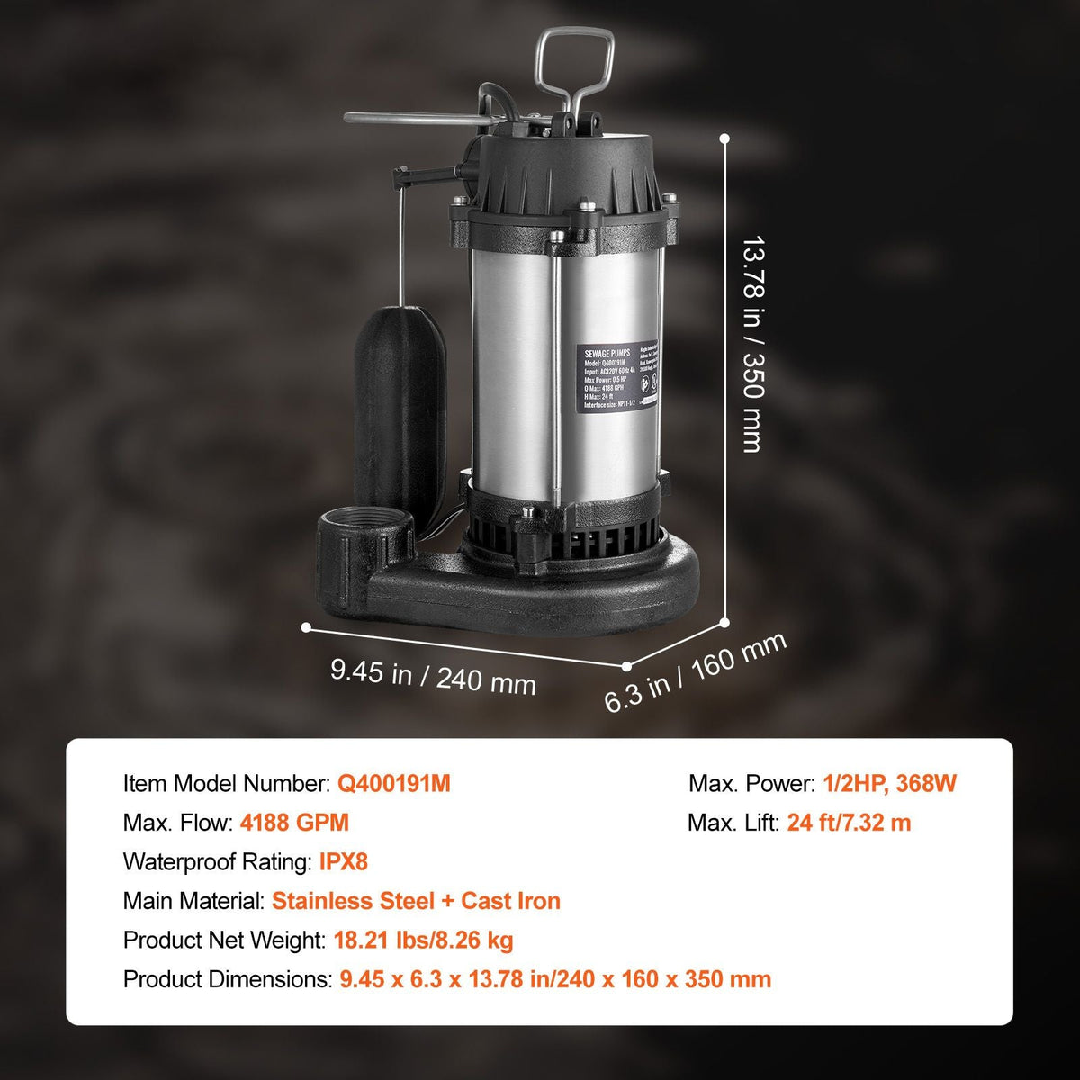 Submersible Sewage Pump, 0.5HP 4188GPH, Cast Iron Sewage Water Pump with 24 ft Lift 10 ft Power Cord and Automatic Float Switch, Stainless Steel for Clean Flooded Basement Yard Farm Sewer