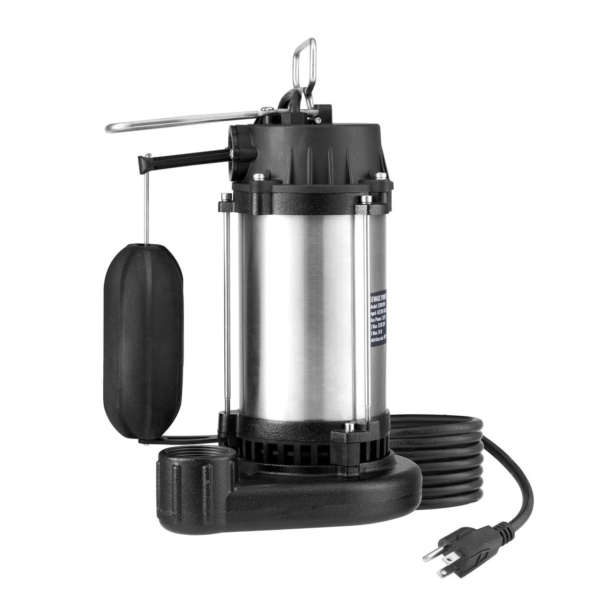 Submersible Sewage Pump, 0.5HP 4188GPH, Cast Iron Sewage Water Pump with 24 ft Lift 10 ft Power Cord and Automatic Float Switch, Stainless Steel for Clean Flooded Basement Yard Farm Sewer