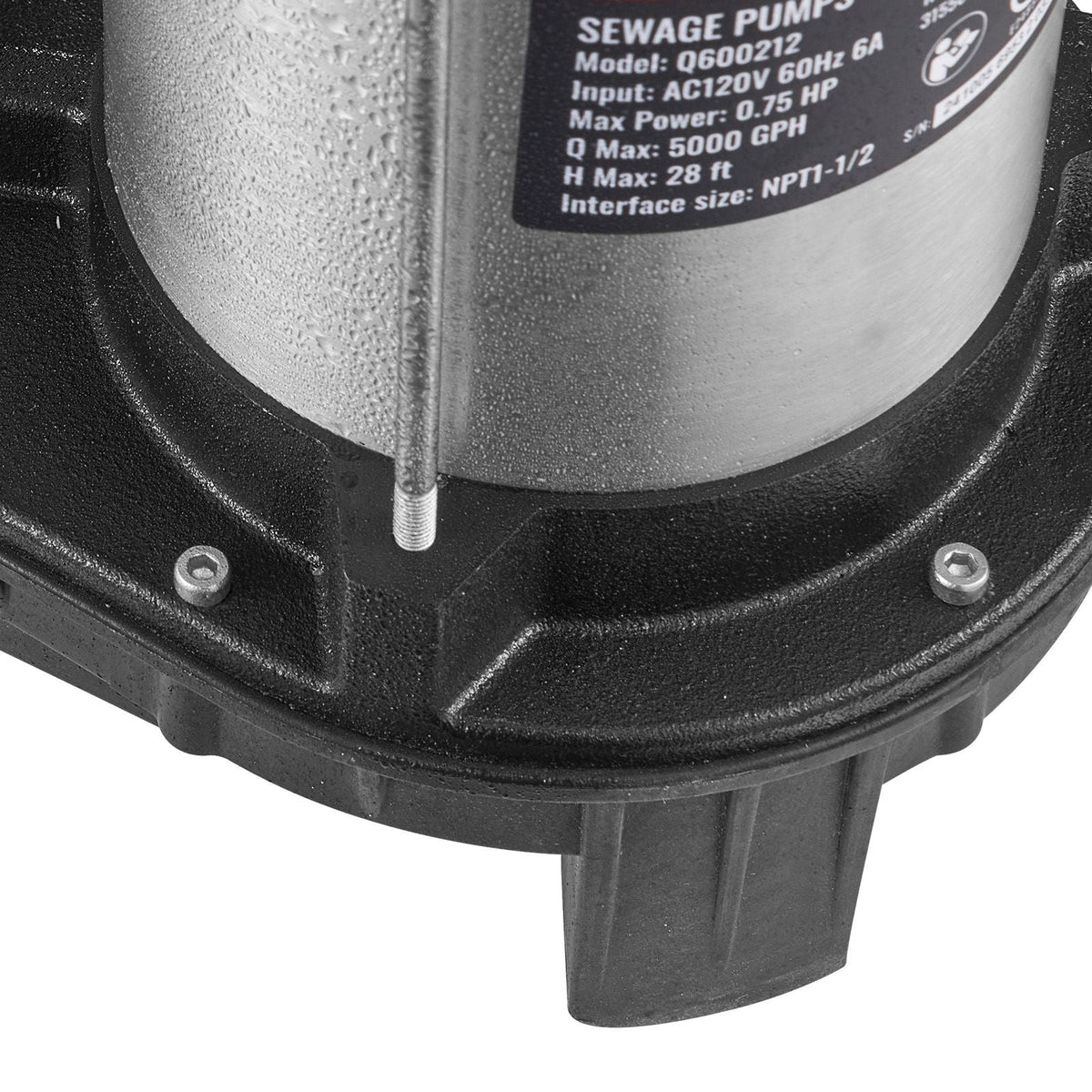 Submersible Sewage Pump, 0.75HP 5000 GPH, Cast Iron Sewage Water Pump with 28 ft Lift 10 ft Power Cord and Automatic Float Switch, Stainless Steel for Clean Flooded Basement Yard Farm Sewer