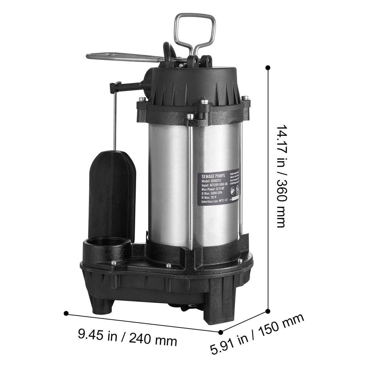 Submersible Sewage Pump, 0.75HP 5000 GPH, Cast Iron Sewage Water Pump with 28 ft Lift 10 ft Power Cord and Automatic Float Switch, Stainless Steel for Clean Flooded Basement Yard Farm Sewer