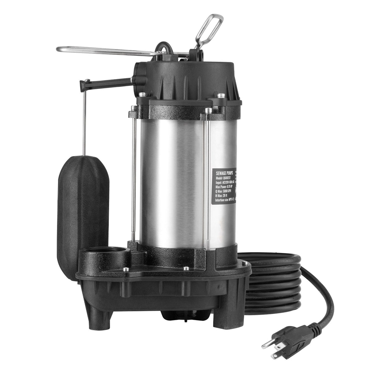 Submersible Sewage Pump, 0.75HP 5000 GPH, Cast Iron Sewage Water Pump with 28 ft Lift 10 ft Power Cord and Automatic Float Switch, Stainless Steel for Clean Flooded Basement Yard Farm Sewer