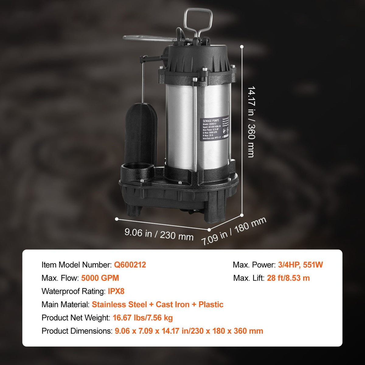 Submersible Sewage Pump, 0.75HP 5000 GPH, Cast Iron Sewage Water Pump with 28 ft Lift 10 ft Power Cord and Automatic Float Switch, Stainless Steel for Clean Flooded Basement Yard Farm Sewer