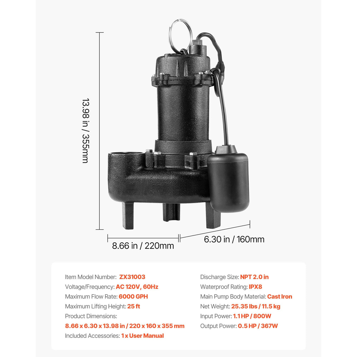 Submersible Sewage Pump, 1/2 HP, 6000 GPH Cast Iron Sewage/Effluent Pump with Automatic Tethered Float Switch, 2-Inch NPT Discharge, 120V, 25 ft Max Lift, for Basement, Septic Tank, Residential